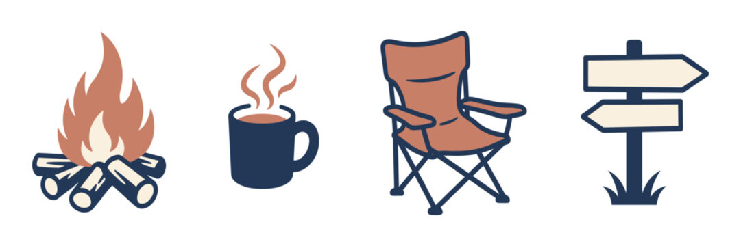 Camping icons set with bonfire mug chair signpost hot drink folding chair camping gear signpost direction outdoors adventure recreation illustration collection relaxation wayfinding