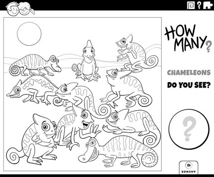 counting cartoon chameleons animal characters educational puzzle coloring page