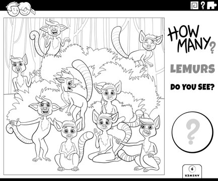 counting cartoon lemurs animal characters educational puzzle coloring page