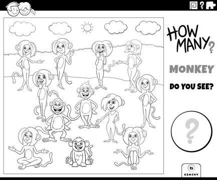 counting cartoon monkeys animal characters educational puzzle coloring page