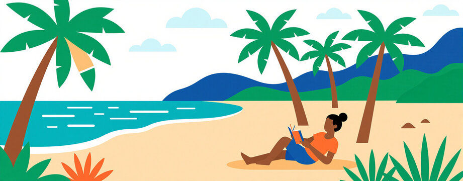 Illustration of a woman reading a book on a tropical beach.