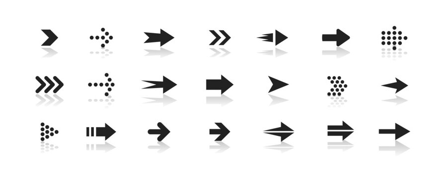 Black arrow icon set, right direction pointers, dotted navigation symbols with shadow reflection, web app buttons, interface design. Minimal graphic Vector illustration