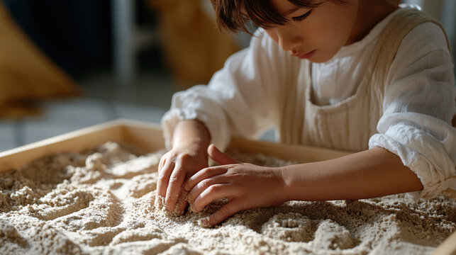 Young boy traces alphabet letters in sensory sand tray during occupational therapy session, pandemic learning gap remediation, fine motor skill catch-up, pediatric therapy technique, developmental d