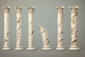 Naklejka premium Corinthian columns with varying degrees of ruin representing architectural decay and collapse