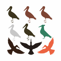 Obraz premium A cute cartoon vector silhouette featuring a set of wild birds like stork and parrots with colorful feathers and beaks perched on branches or flying in a nature design collection