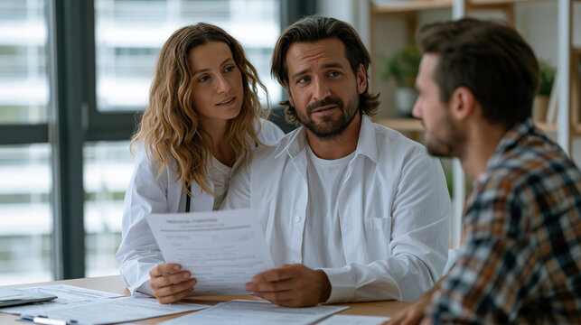 Long covid neurologist reviewing cognitive fog assessment results with thirty-something male patient at bright clinical examination desk, neurological function testing materials spread across surfac