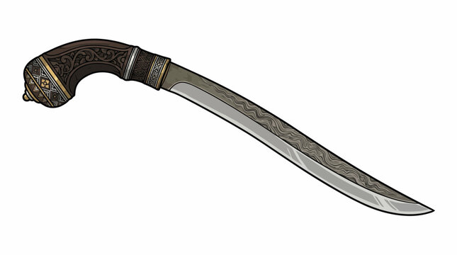 Badik dagger vector, traditional Bugis weapon from South Sulawesi with curved blade and wooden handle, clean minimal design, scalable vector, isolated on white background.