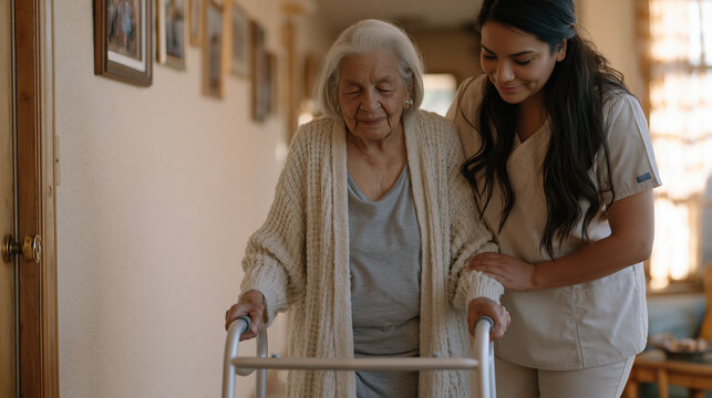 Home health aide in modest apartment helping frail Alzheimer patient navigate familiar hallway using walking frame, memory care photographs mounted at eye level along pale wall as orientation aids u