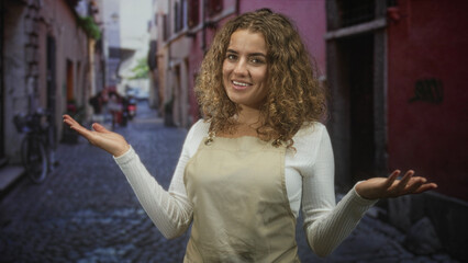 Fototapeta premium Woman in apron smiling with open hands gesture on a cobblestone street, palms raised in a welcoming pose; cheerful welcome.