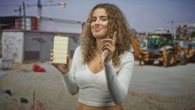 Woman holding white chocolate bar and smiling with eyes closed, pointing with hand on street in front of construction cranes and excavator; joy casual fun.