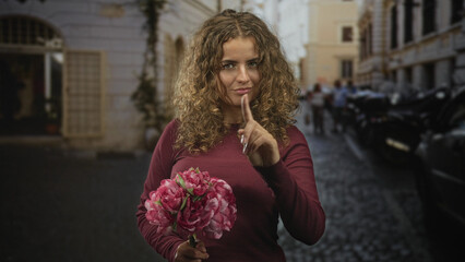 Fototapeta premium Woman holding pink bouquet and pointing index finger forward in cobblestone street with curly hair and maroon sweater; confident.