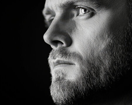 Shadowy male face closeup with beard and intense eye in monochrome high contrast profile
