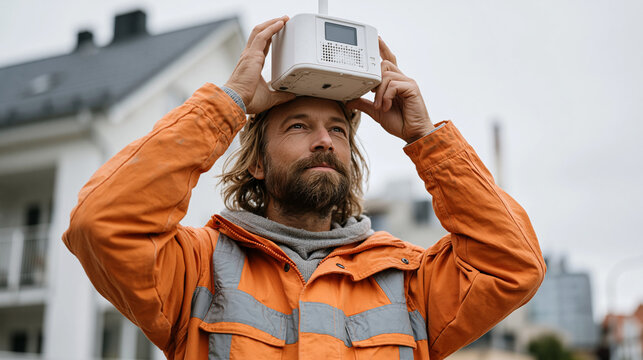 Air quality health technician collecting atmospheric particulate sample in residential neighborhood near industrial zone, handheld sensor device raised toward overcast sky during environmental monit