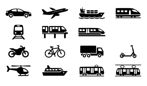 Transport icons set with car train subway monorail airplane and ship in solid flat vector style