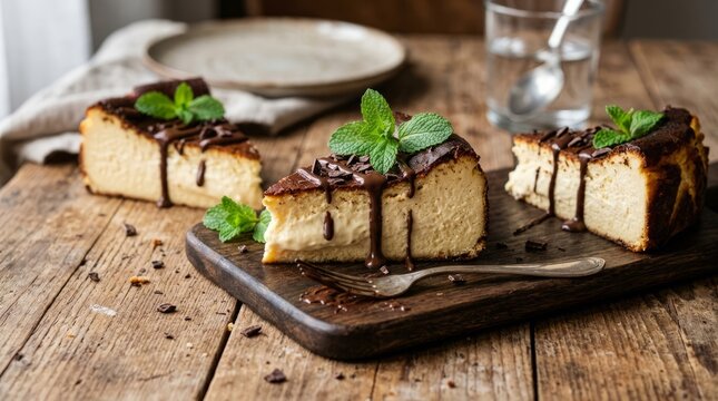 Delicious slices of burnt cheesecake topped with chocolate and mint, served on a rustic wooden table
