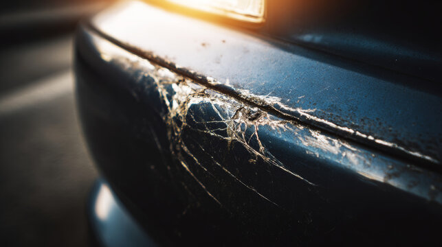Car bumper with visible cracks and deep scratches, highlighting themes of vehicle accident, repair costs, and insurance claims