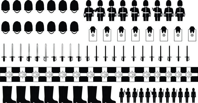  Traditional British Royal Guard Bearskin Hat Silhouette Icon Set for London Souvenir Designs, Military Uniform Illustrations, and United Kingdom Culture Related Creative Artworks