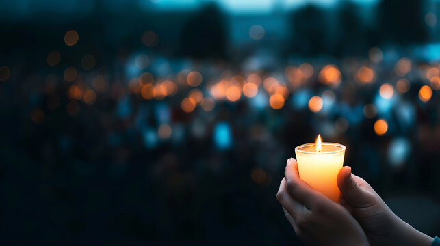 Hands cradling a lit candle, its warm flame glowing against a dark, blurred background of candlelight and people