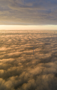 Aerial view of Windpark Fryslan wind turbines emerging from a dense layer of golden clouds at sunset in Breezanddijk, Friesland, Netherlands.