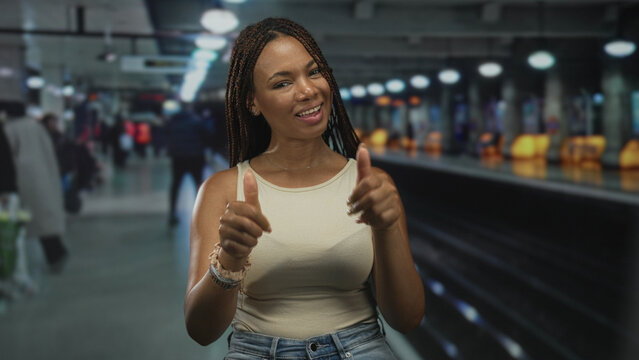 Woman showing thumbs up and ok signs with hands near platform and tracks in train station building; approval confidence.