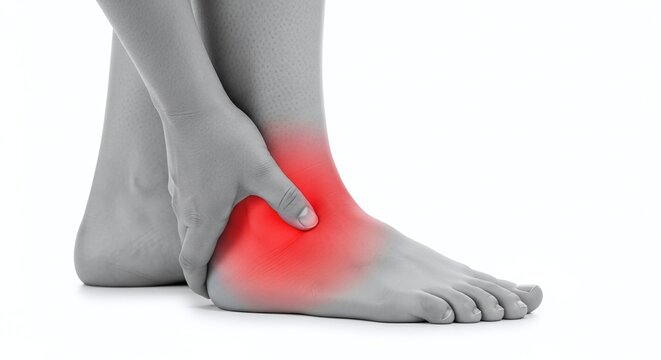 Closeup of a person holding their painful ankle isolated on white background