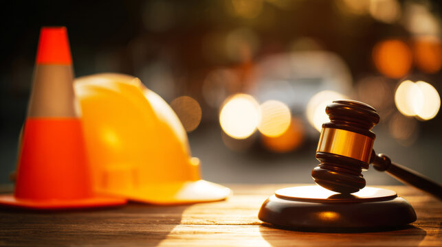 Gavel on a wooden table with a blurred safety helmet and traffic cone. Representing legal issues, construction law, and workplace safety regulations