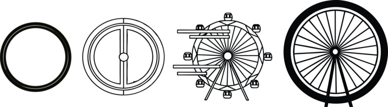  Bicycle Wheel Evolution Vector Set Featuring Rim, Spokes, and Complete Tire Designs for Cycling Sports, Bike Repair Services, and Transportation Industry Graphic Projects