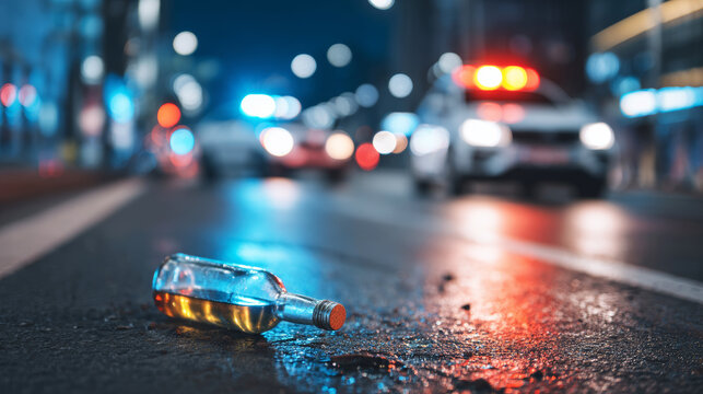 Alcohol bottle lying on a wet street. Blurred police vehicle lights reflecting on the dark city road. Driving under influence concept