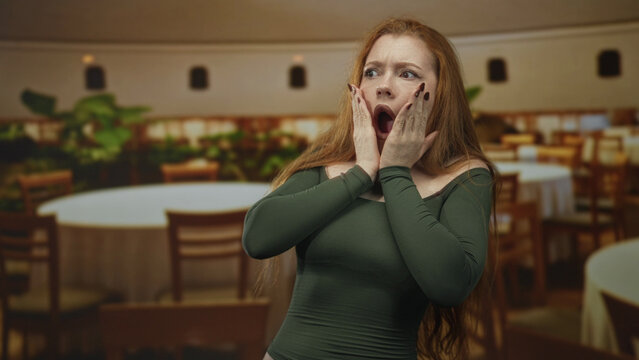 Redhead woman clutching her chest with hands, mouth open in shock inside dining building; surprise alarm vulnerability.