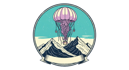 Stylized illustration of a jellyfish above mountains with a banner © Remb