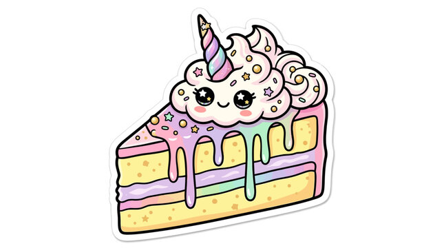 Colorful cartoon unicorn cake slice dessert.
