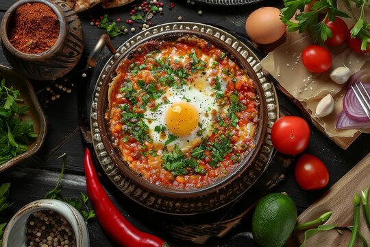 Shakshuka, a middle eastern and north african dish of eggs poached in a sauce of tomatoes, chili peppers, and onions, often spiced with cumin