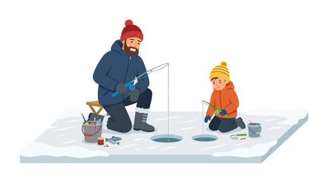 Man and child ice fishing together.
