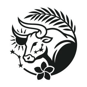 Bull head with tropical leaf circle