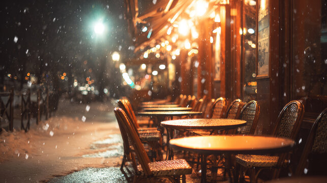 Cozy winter city scene with empty sidewalk cafe tables illuminated by warm lights as snow falls gently at night