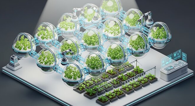 Isometric futuristic smart city park with connected trees and monitoring devices on tablet display