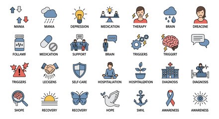 Fototapeta premium Mental health awareness visual set featuring icons depicting various psychological concepts, conditions, and treatments, rendered in a clean, colorful, and scalable vector