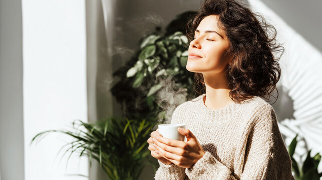 Woman relaxing, eyes closed, enjoying a steaming hot drink in a warm, cozy room with soft natural light