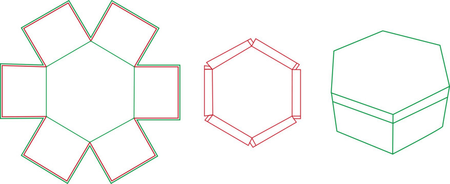 Hexagonal Gift Box Dieline Template with 3D Mockup View and Flat Vector Layout for Laser Cutting and Packaging Design