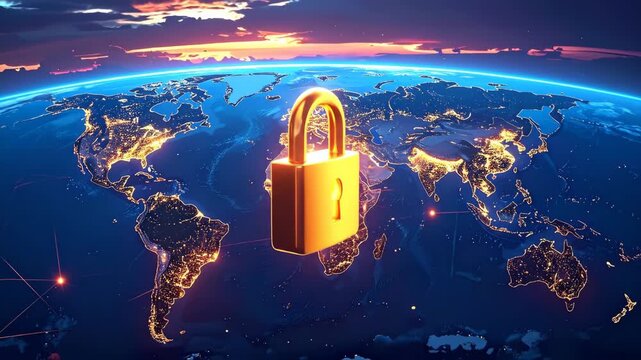 Global Digital Security Concept with Lock and Key Over Earth.