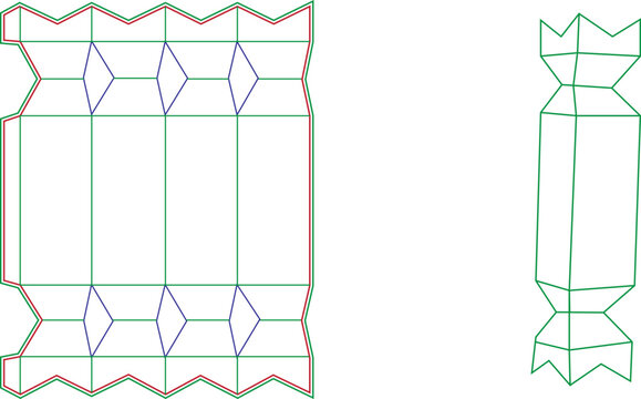 Dieline template for a 3D candy cracker box packaging with flat layout and folded 3D wireframe preview