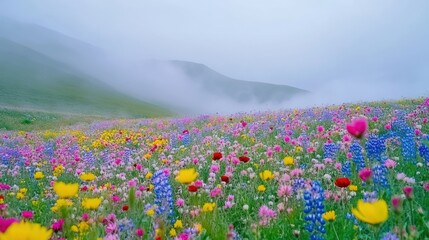 Obraz premium Misty wildflower meadow on hillside
