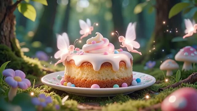 Magical glowing fairies flying around a sweet dessert in an enchanted forest with fantasy mushrooms
