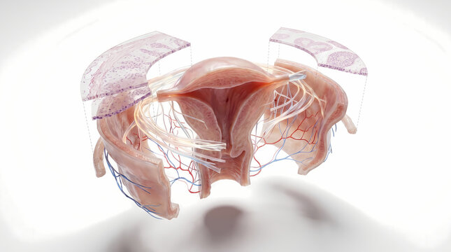 3D Render Of Female Reproductive System With Uterus Ovaries Fallopian Tubes Ligaments And Blood Vess