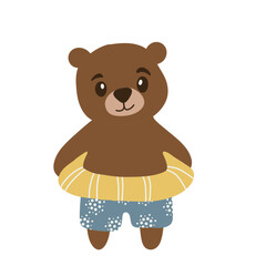 Cute Brown Bear Cub in Swim Shorts and Inflatable Ring, Summer Beach Holiday Character © Marina