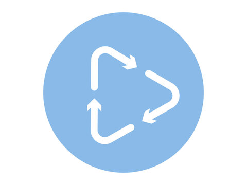 Three white arrows forming a loop inside a blue circle vector illustration. Sustainability, circular economy, waste management, ecology, energy, nature. Triple arrow cycle emblem in a round frame