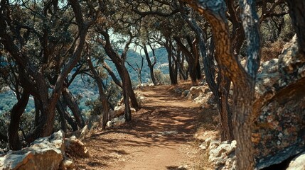 Fototapeta premium Forest path sunlight dappled hiking trail