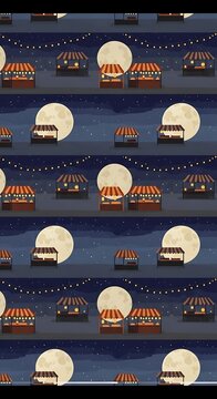 Night market stalls under a full moon and twinkling lights