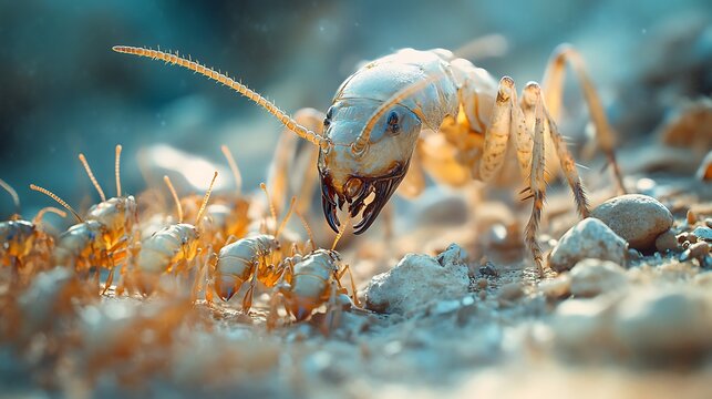 Termite colony with queen termite leading workers in natural underground habitat.