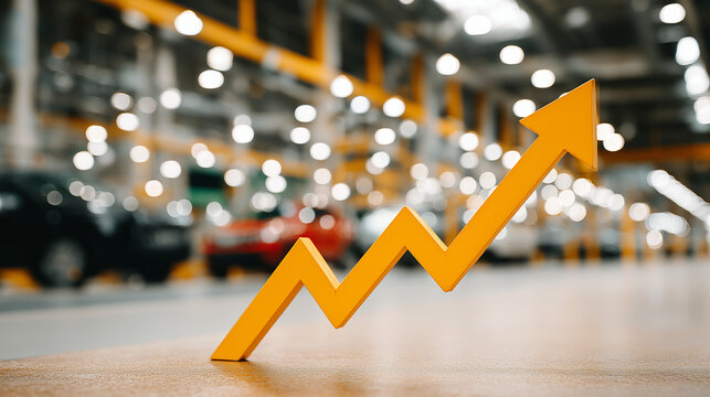 Market Growth in Factory: An eye-level perspective showcases a rising golden arrow superimposed over a blurred factory setting, symbolizing progress and expansion in the industrial sector.
